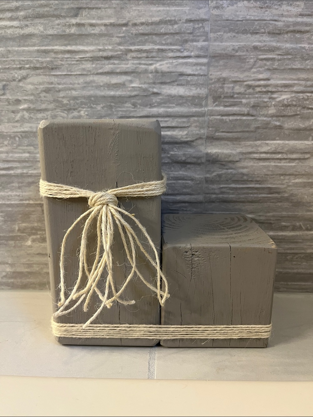 Rustic Gray Wooden Block Décor with Twine Accent